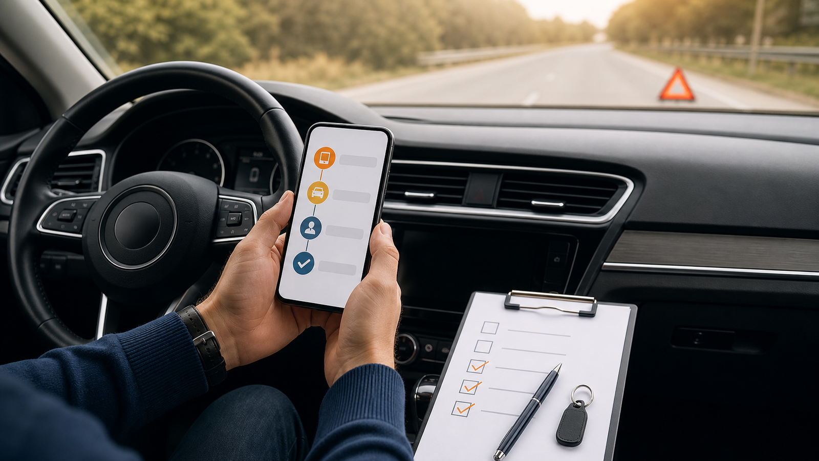 Bir sürücünün araç içinde telefondan çekici talep adımlarını kontrol ettiği hazırlık anı