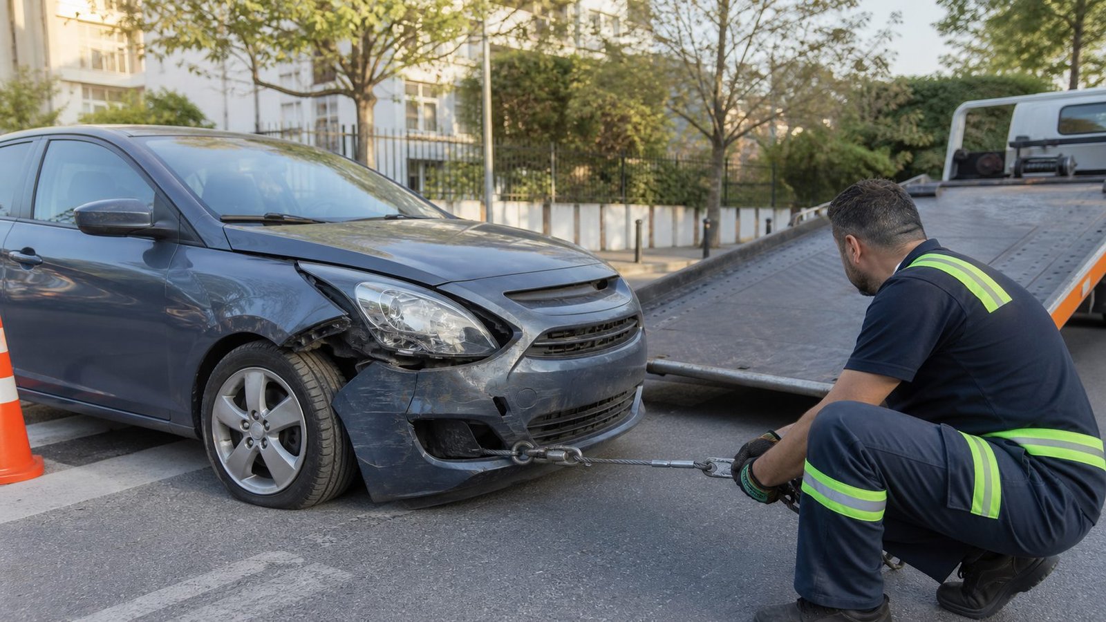 Küçükçekmece içeriği için sürücü, otomobil ve çekici hazırlığını gösteren Avrupa Yakası yol yardım fotoğrafı