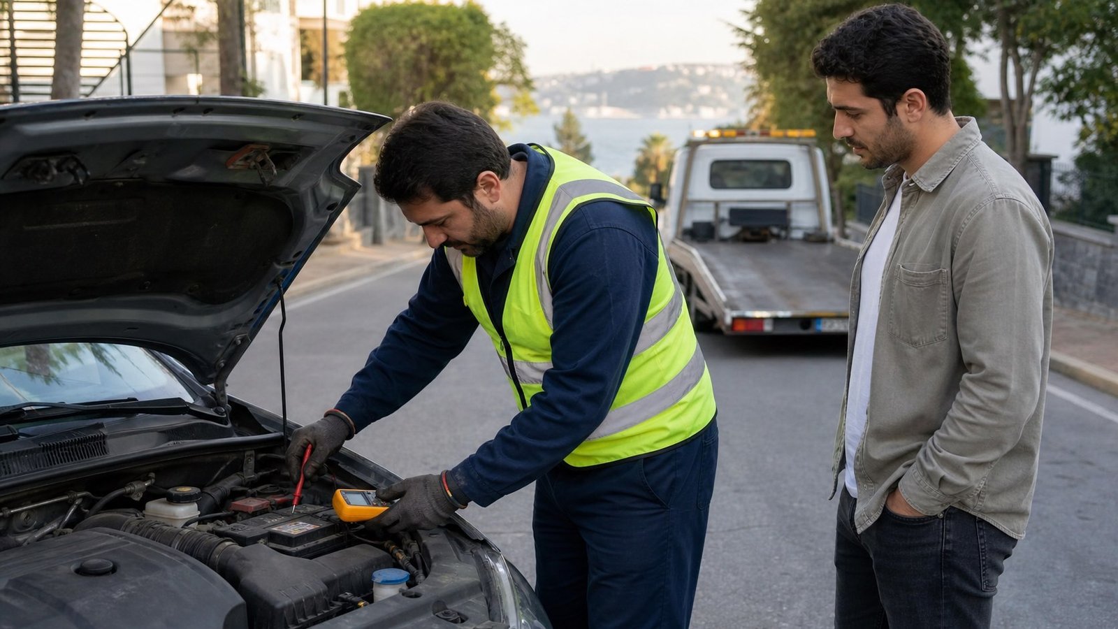 Otomobil aküsünü ölçüm cihazıyla kontrol eden yol yardım görevlisi ve araç sahibi