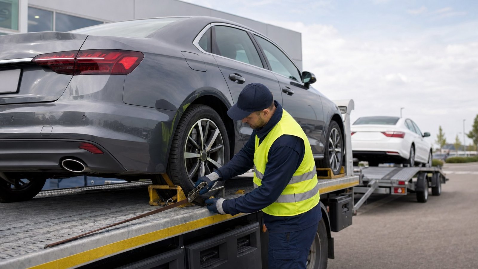 Planlı araç taşıması için otomobili platforma sabitleyen görevli