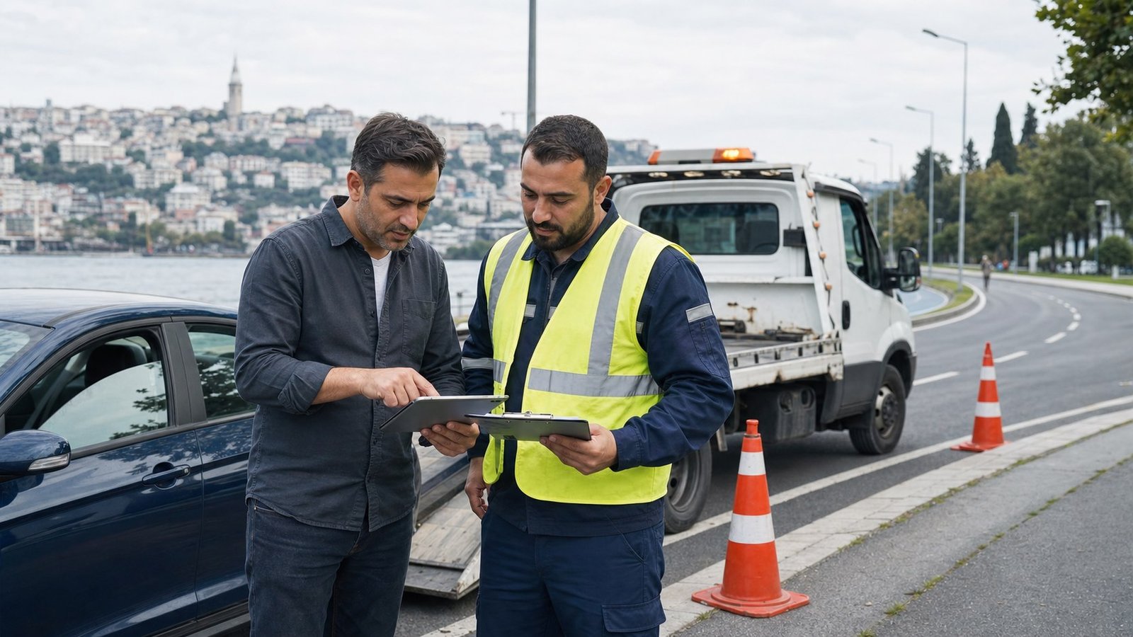Çekici görevlisiyle tablet ve kontrol listesi üzerinden talep ayrıntılarını inceleyen sürücü