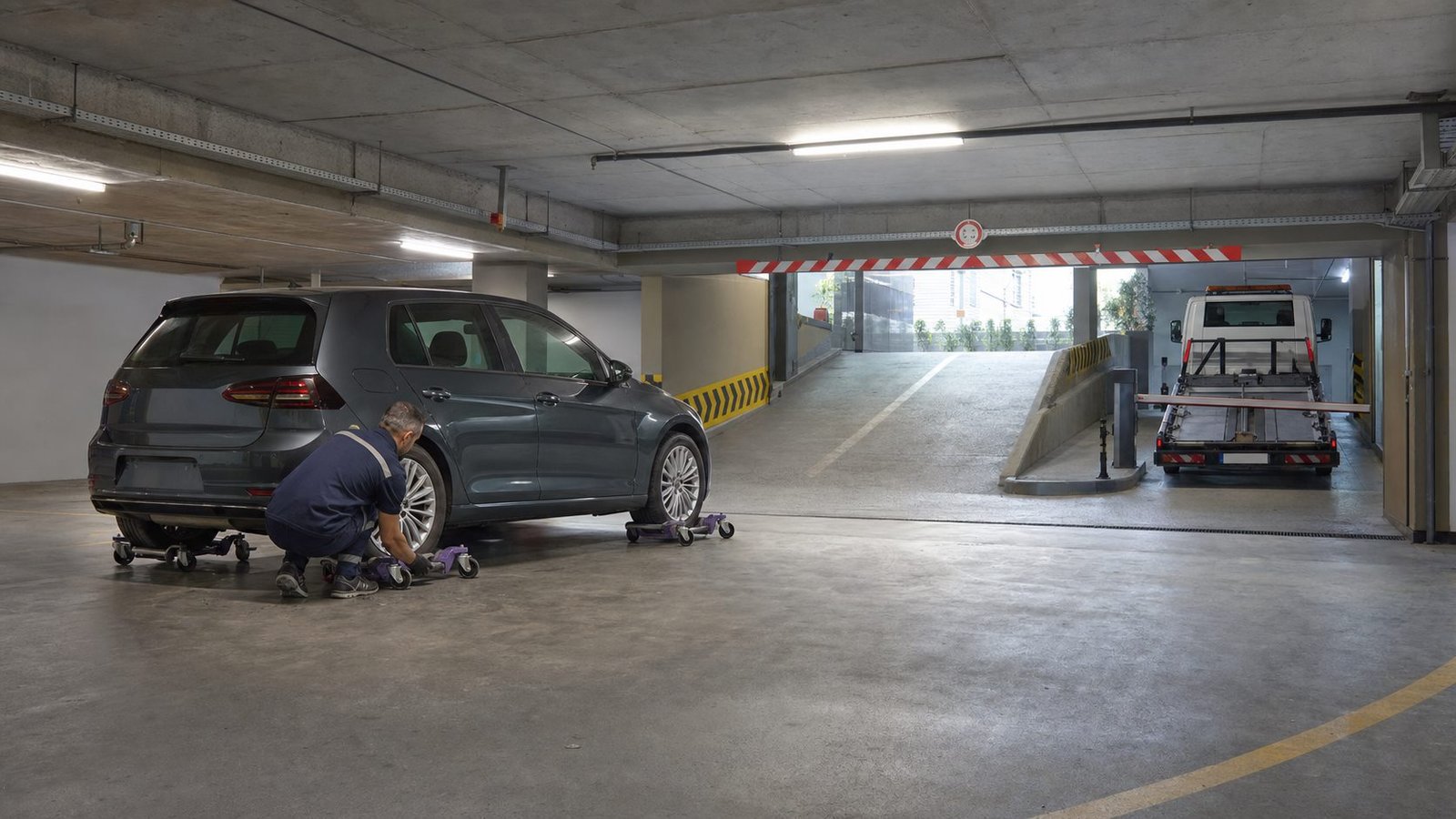 Kapalı otoparkta araç yüksekliği ile çekici erişimini değerlendiren görevli
