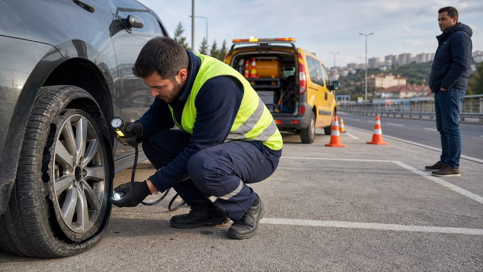 Hasarlı lastik ve jantı güvenli servis alanında inceleyen yol yardım görevlisi
