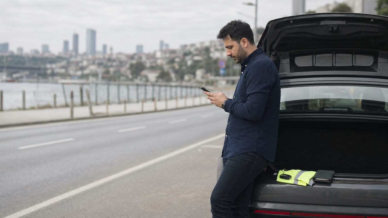 İstanbul kent dokusu önünde arızalanan otomobilinin yanında telefonla yardım seçeneklerini inceleyen sürücü