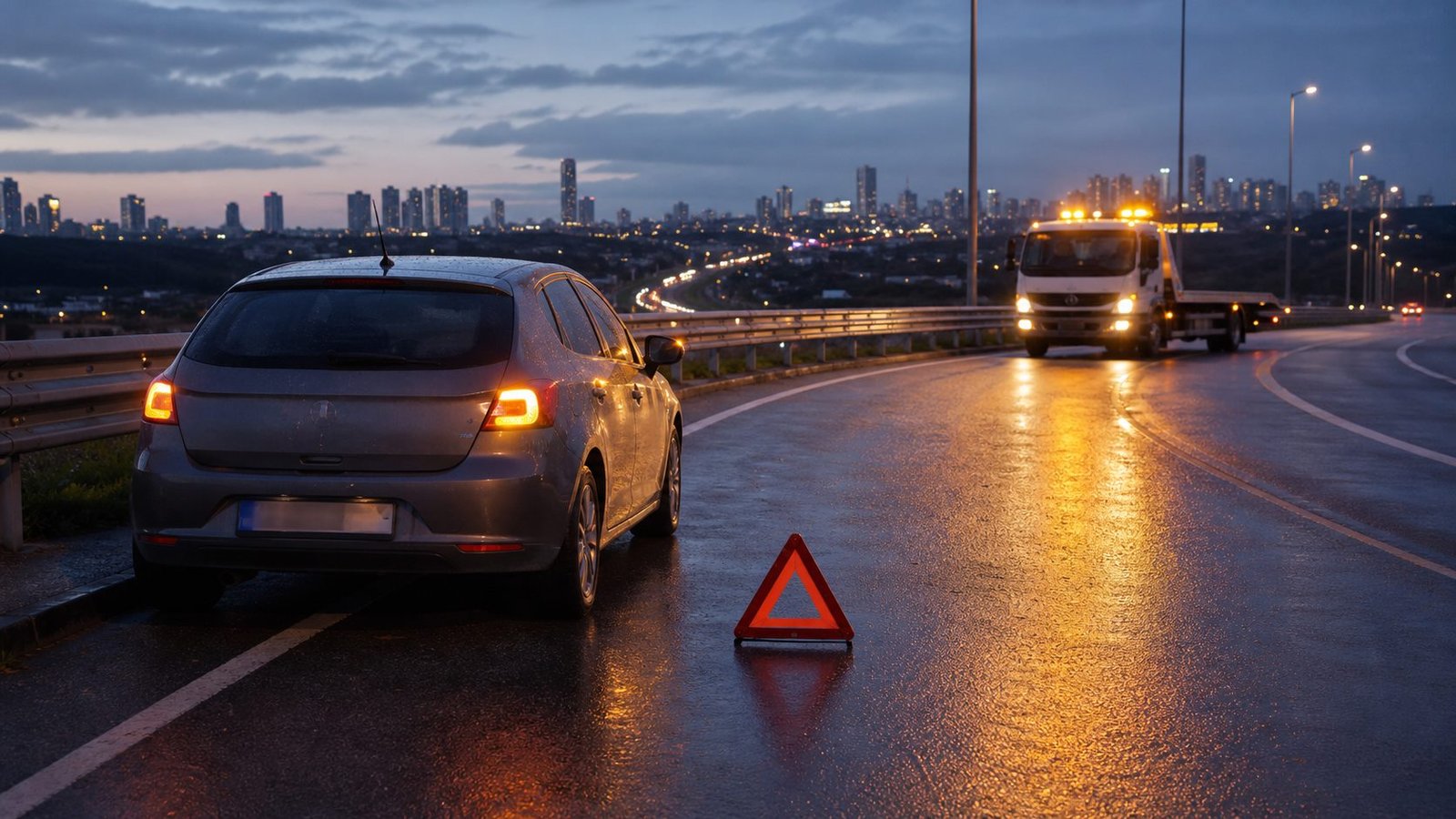 Yağmurlu akşam yol kenarında duran otomobile yaklaşan ikaz ışıklı platform çekici