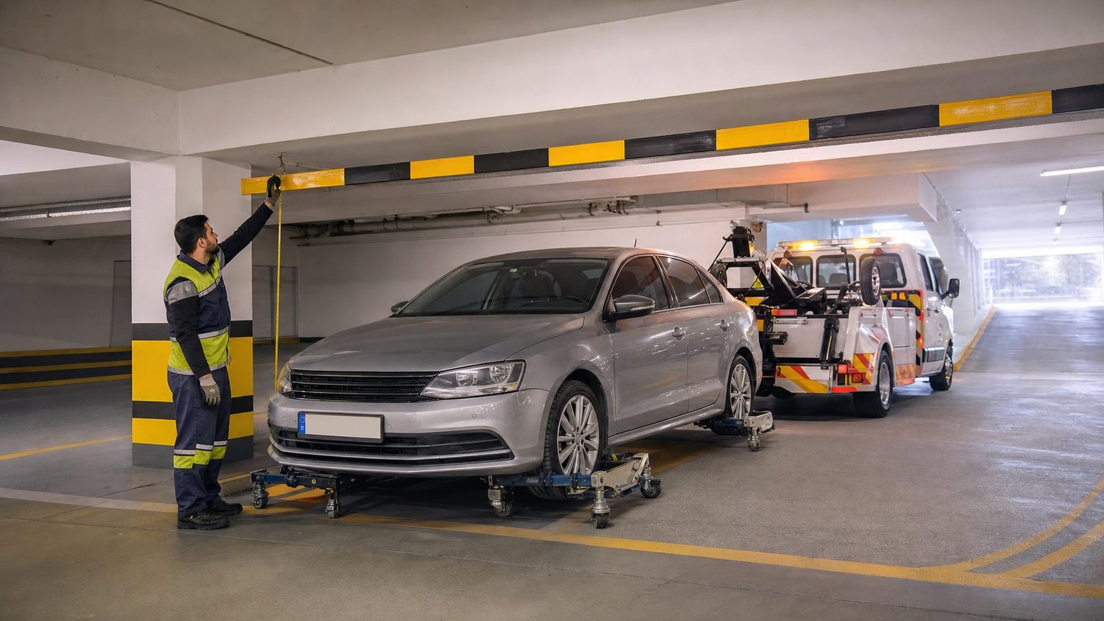 Kapalı otoparkta araç yüksekliğini ve çekici erişimini kontrol eden görevli