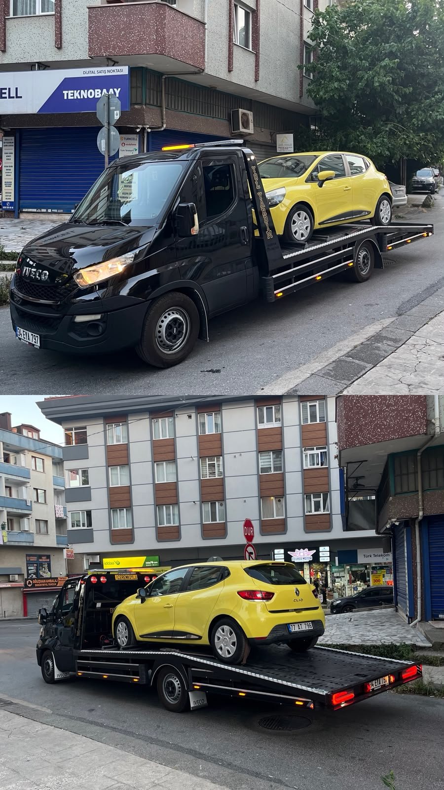 Şehir içi sokakta platform çekici üzerinde taşınan sarı kompakt otomobilin iki görünümü
